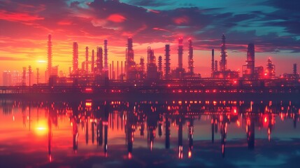 Fototapeta premium Dramatic Sunset Over Industrial Refinery and Water