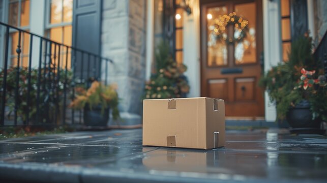 Sealed Package on Rainy Porch Near Festive Door