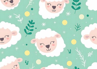 Cute cartoon sheep seamless pattern, green background