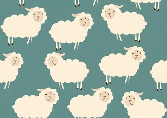 Cute cartoon sheep seamless pattern, green background