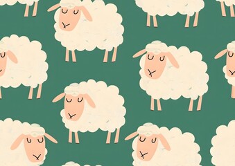 Cute cartoon sheep seamless pattern, green background