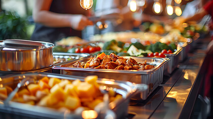People group catering buffet food indoor in restaurant with meat colorful fruits and vegetables 