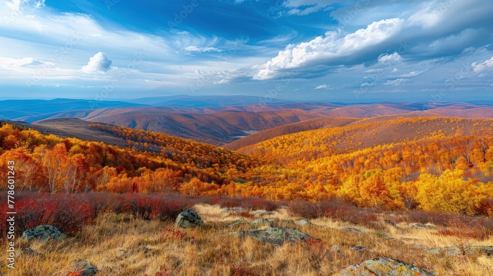 Poster a panoramic autumn view of a distant mountain range, where the horizon is lined with a multitude of 