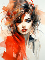Watercolor elegant lady fashion illustration in red and black colors, girl with makeup. Young and beautiful woman illustration for poster, print, fashion concept.