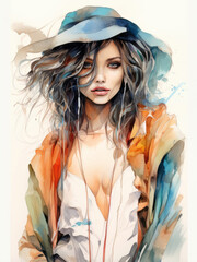 Watercolor elegant lady fashion illustration in yellow colors, grey wide brimmed hat, woman with makeup. Young and beautiful woman illustration for poster, print, fashion concept.