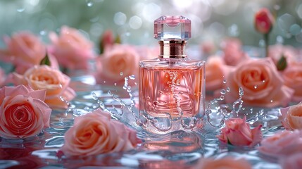 Glass perfume bottle in rose water background Floral arrangement splash of water  ,Generative ai, 