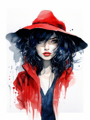 Watercolor elegant lady fashion illustration in red colors, wide brimmed red hat, girl with makeup. Young and beautiful woman illustration for poster, print, fashion concept.