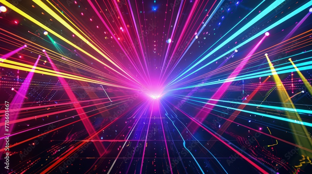Poster a panoramic disco party atmosphere captured in a banner, showcasing a dazzling array of multicolored