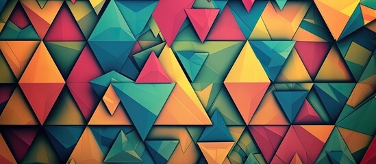 Fototapeta premium A creative arts piece featuring a colorful geometric pattern of triangles in tints and shades of aqua, magenta, and electric blue on a symmetrical blue background