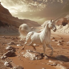 Obraz na płótnie Canvas A mystical unicorn galloping across Mars Valles Marineris blending myth with the alien landscape