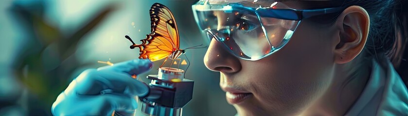 A scientist studying the metamorphosis of a genetically engineered butterfly highlighting the intersection of biology and tech innovation - obrazy, fototapety, plakaty