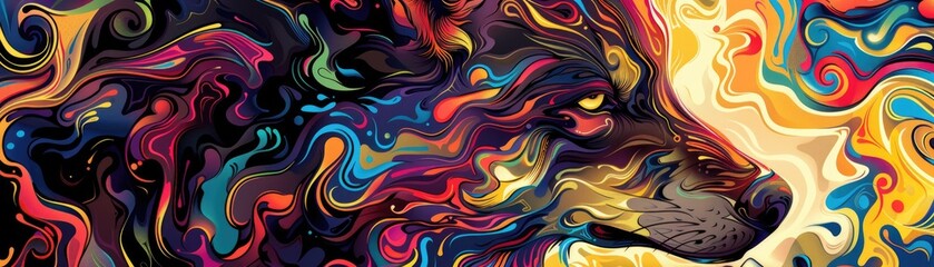 A swirling psychedelic pattern forming the silhouette of a wolf - obrazy, fototapety, plakaty
