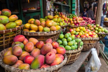 A vibrant market scene with baskets full of various types of mangoes inviting exploration and taste