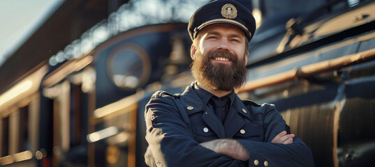 Smiling bearded train conductor with crossed arms standing in front of locomotive
