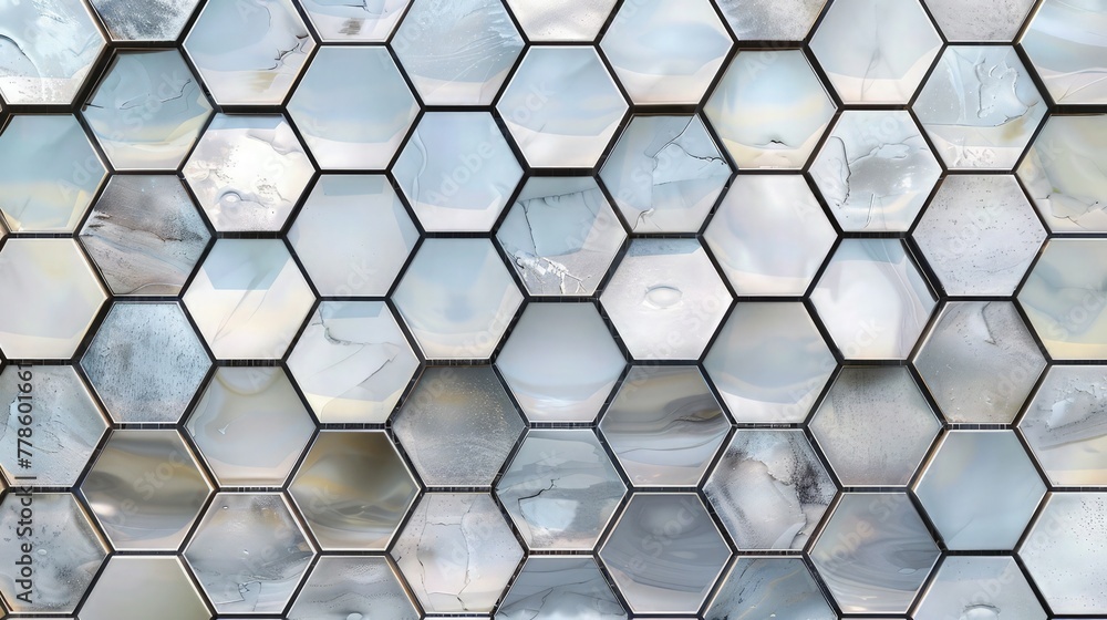 Poster a panoramic shot of a hexagonal tile mirror wall, displaying how each mirrored tile creates a harmon