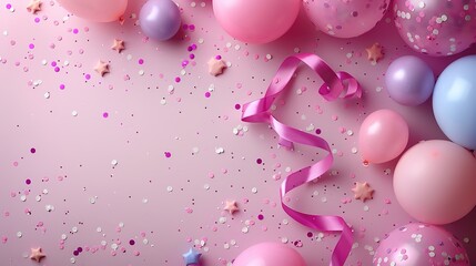 Top view photo of birthday composition with pink and violet ribbon stars serpentine paper plates balloons and confetti on isolated pastel pink background with copyspace  ,Generative ai, 