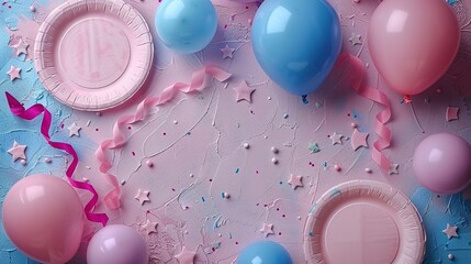 Top view photo of birthday composition with pink and violet ribbon stars serpentine paper plates balloons and confetti on isolated pastel pink background with copyspace  ,Generative ai, 