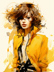 Watercolor elegant lady fashion illustration in yellow colors, girl with makeup. Young and beautiful woman illustration for poster, print, fashion concept.