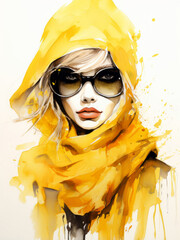 Watercolor elegant lady fashion illustration in yellow colors, girl with hat, sunglasses, makeup. Young and beautiful woman illustration for poster, print, fashion concept.