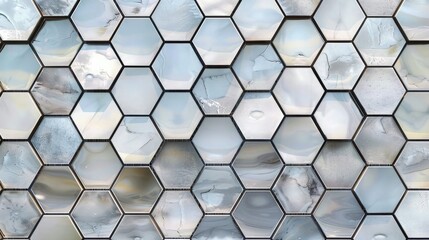 A panoramic shot of a hexagonal tile mirror wall, displaying how each mirrored tile creates a harmonious and striking geometric pattern across the surface.