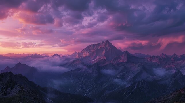 A panoramic shot of a majestic mountain range with a sky bursting in brilliant colors of purple and pink during twilight.