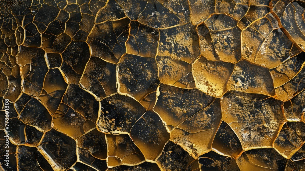 Poster a panoramic abstract gold and black glass surface, with a complex network of cracks, adding depth an