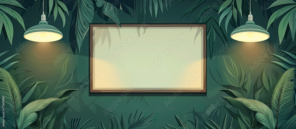 Poster a rectangle glass picture frame with an electric blue font is hanging on a lush jungle wall, surroun
