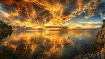 Fotobehang A panoramic view of a coastal landscape at golden hour, with the sky ablaze in gold and orange hues, reflecting off the water. © Muhammad