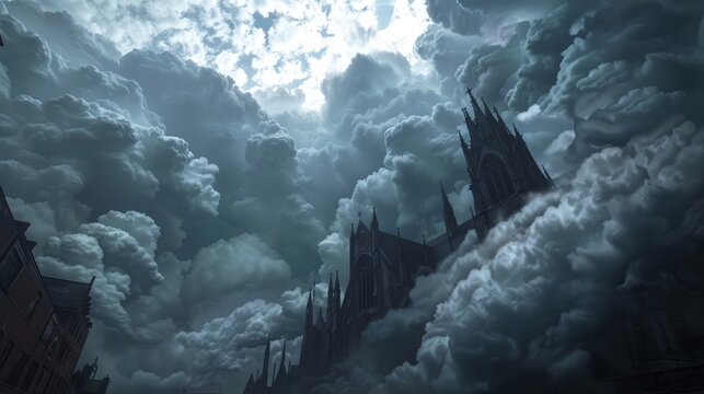 A panoramic shot of thick, rolling clouds above a church. 
