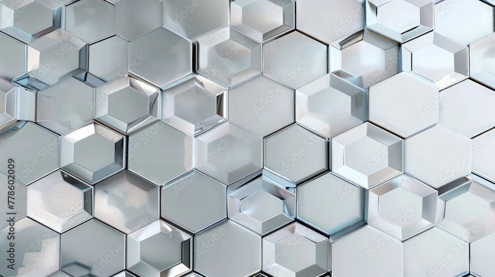 Poster a panoramic view of a hexagonal tile mirror wall, where each piece fits together to create a uniform