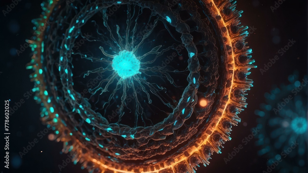 Poster highly detailed 3d illustration showing intricate structures of a virus particle