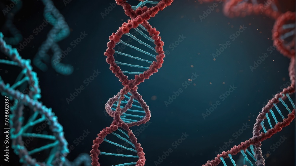 Poster an intricate 3d rendering of dna strands in a double helix pattern