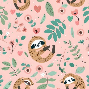 Cute cartoon sloth pattern on a pink background with turquoise and green accents