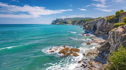 A picturesque coastal scene with rugged cliffs overlooking a turquoise sea, waves gently crashing...