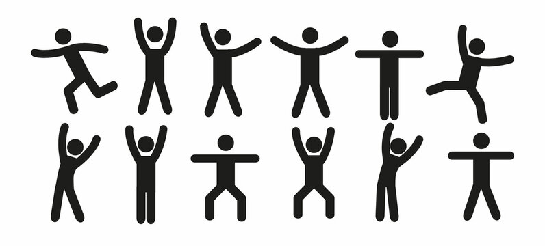 collection of stick man figures, pictographs, man standing, running, stick figures of different poses, a set of different human silhouettes, simple icons, human body gestures isolated on a white 