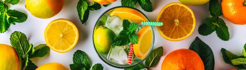 A refreshing summer drink surrounded by citrus fruits and mint leaves, summer background, top view,...