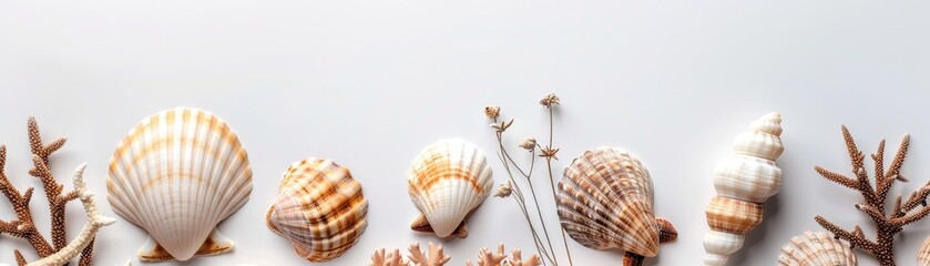 A minimalist layout of seashells and coral on a white background, summer background, top view, copy space, studio shooting