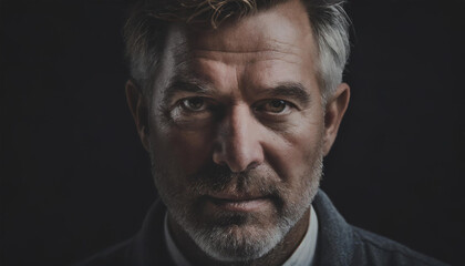 Fototapeta premium Portrait of a stern attractive older man with gray hair and a beard staring at the viewer with an intense expression.