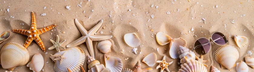 Fototapeta na wymiar Sandy beach texture with seashells, starfish, and a pair of sunglasses, summer background, top view, copy space, studio shooting