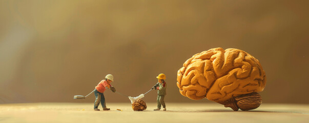 Miniature people crew cleaning working on brain mental health issues psychology depth of field brown background illustration