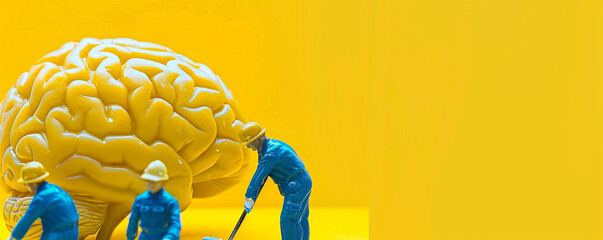 Miniature people crew working on brain mental health issues psychology copy space yellow background depth of field illustration - obrazy, fototapety, plakaty