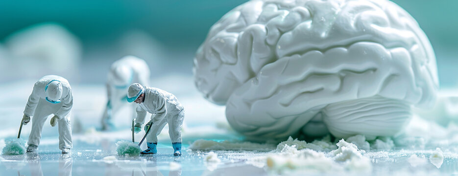 Miniature people crew cleaning working on brain mental health issues psychology depth of field illustration