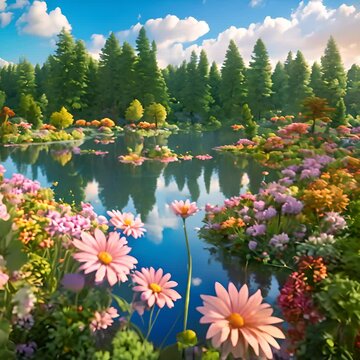 lake in the middle of the forest decorated with colorful flowers with a blue sky with thin clouds