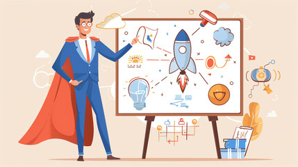 Animated Superhero Character Presenting Business Strategy Board