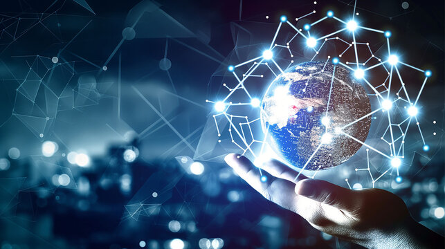 Title: "Global Digital Strategy"

Art Description: A hand touches a digital globe with network connections, showcasing business technology against a city backdrop.