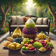 five kg coking rice or baryane tabale on the nodal in five plats five chair one house in the sofa sat eid day cpachei dabal bed in the garden inone table on the a basket full of the grapes, apple , ct