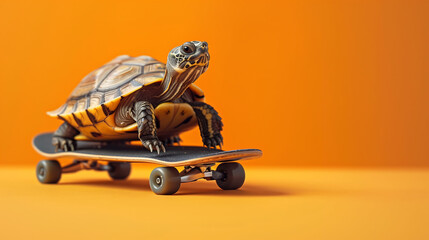 A turtle on a skateboard, the tortoise and the hare, industry start-ups, copy space