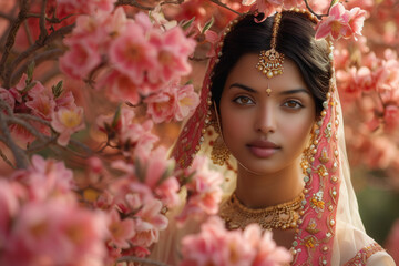 Indian bride dressed in Hindu traditional wedding clothes lehenga embroidered with gold and with golden accessories. Indian wedding