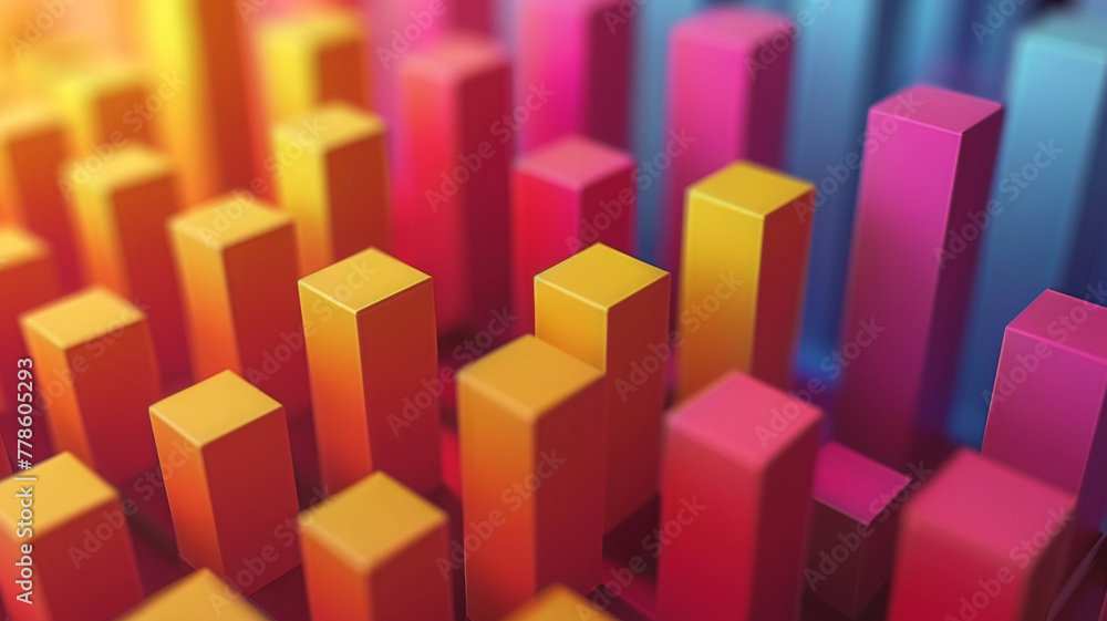Poster vibrant 3d illustration of rising bar graph in gradient colors for modern data visualization.