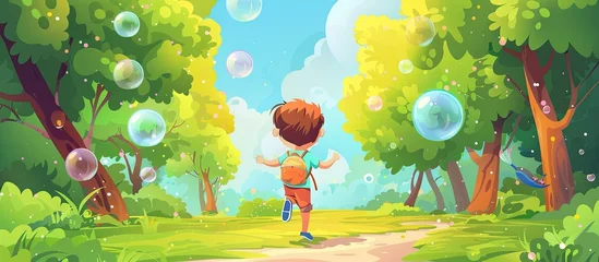 Tuinposter A boy is sprinting amidst tall trees in a natural landscape filled with colorful soap bubbles. The sky above is clear, highlighting the green plants and grass. Its like a painting come to life © AkuAku